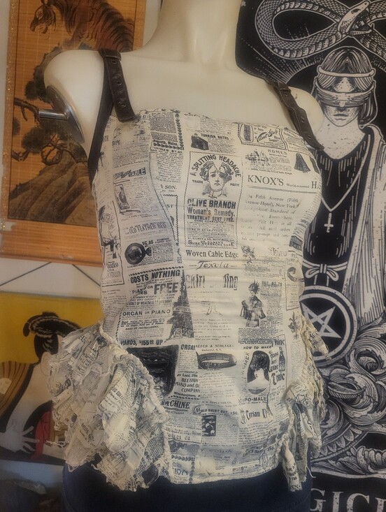 Lip Service Tops - RARE LIP SERVICE "Step in Time" Tea-Stained Newsprint Corset Top w Ruffles 2010